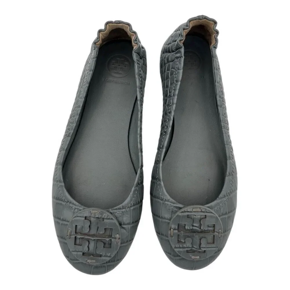 Tory Burch Women's Leather Croc Embossed Minnie Travel Ballet Flats Gray Sz 5.5